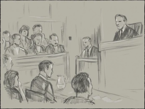 Court drawing of birth injury trial.